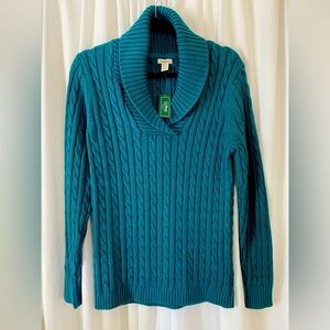 L.L. Bean Teal Classic Cable Knit Shawl Collar Cotton Pullover Sweater Sz M NWT